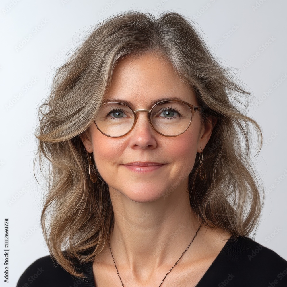 Portrait of a Confident Woman with Wavy Hair Wearing Glasses and a Charismatic Smile Against a Neutral Background