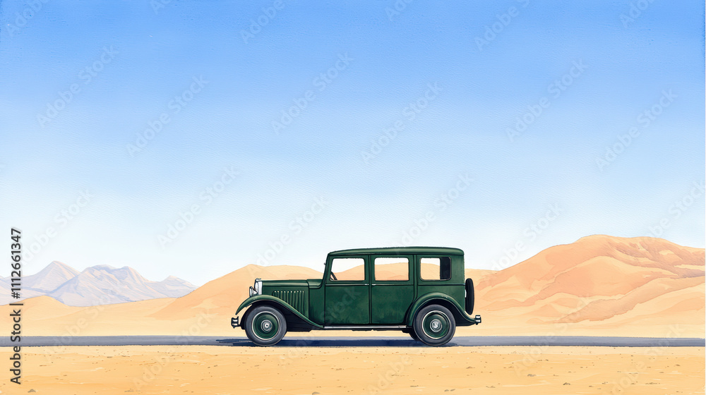 Fototapeta premium Classic vintage car parked on desert road with mountains in background and clear blue sky, evoking sense of nostalgia and adventure