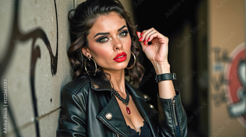 Fototapeta premium Stylish model posing in an urban hallway adorned with colorful street art and graffiti