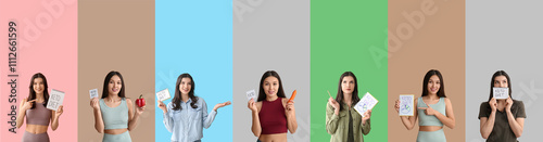 Set of healthy young women on color background. Concept of keto diet