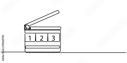 Film clapper in one line drawing. Minimalist entertainment concept, One continuous line drawing of clapper board. Action movie scene and retro video production concept in simple linear style. Outline.