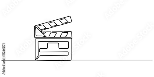 Film clapper in one line drawing. Minimalist entertainment concept, One continuous line drawing of clapper board. Action movie scene and retro video production concept in simple linear style. Outline.