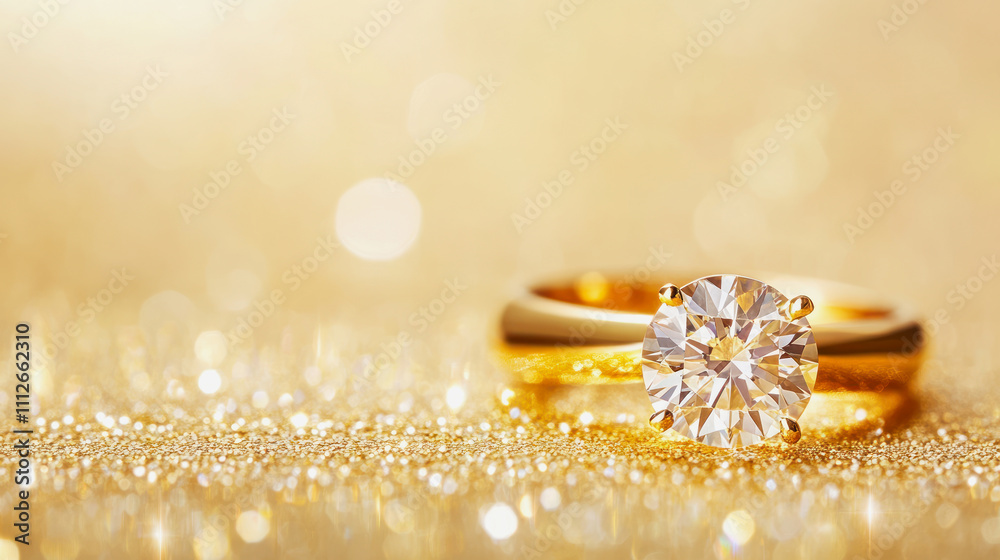 Fototapeta premium Golden diamond ring sparkling against a shimmering golden background. Generative AI