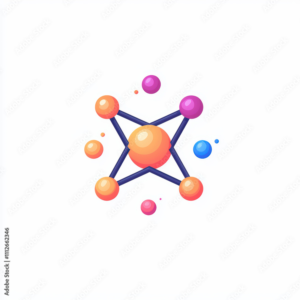 Obraz premium Colorful molecular structure with vibrant spheres on white background, showcasing dynamic arrangement of atoms and bonds, perfect for scientific themes