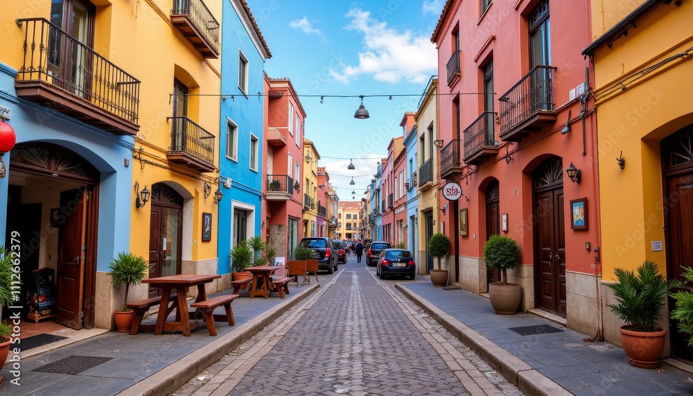 Colorful street view in a vibrant coastal town showcasing charming architecture and lively atmosphere Colorful street view in a vibrant coastal town showcasing charming architecture and lively atmosphere