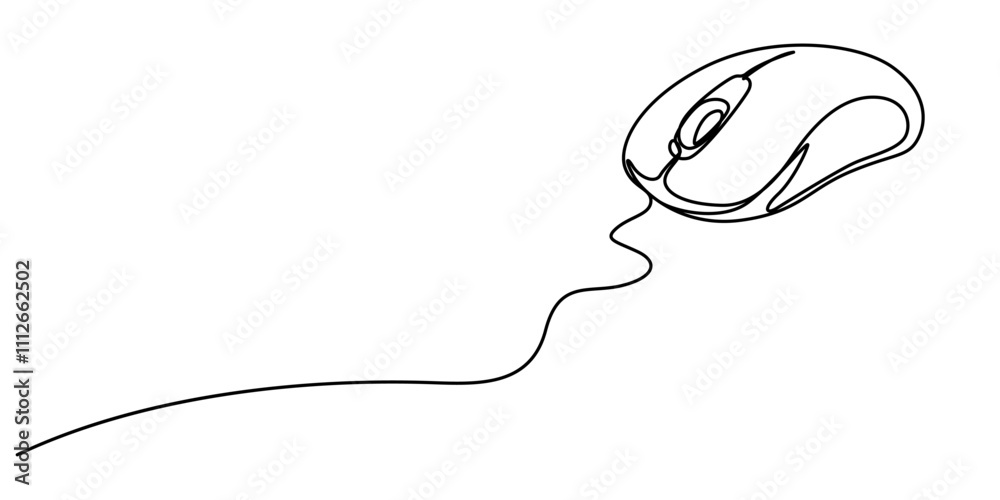 Continuous single line drawing of computer mouse icon. Vector illustration, Continuous line drawing. Computer mouse sign. Hand drawn illustration with black line on white background. Vector symbol. 