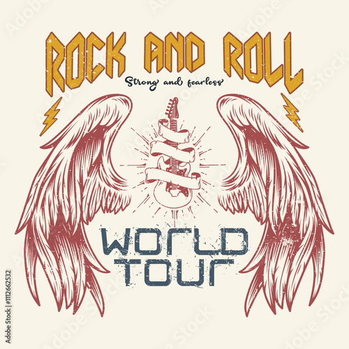 Eagle vintage vector t shirt design. Rock and roll with wing logo artwork for apparel and others. Rockstar vector artwork, Wild and free, Rock and roll vector t-shirt design. Freedom music tour