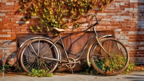 Rusty Bicycle Leans Against Brick Wall Covered In Vines