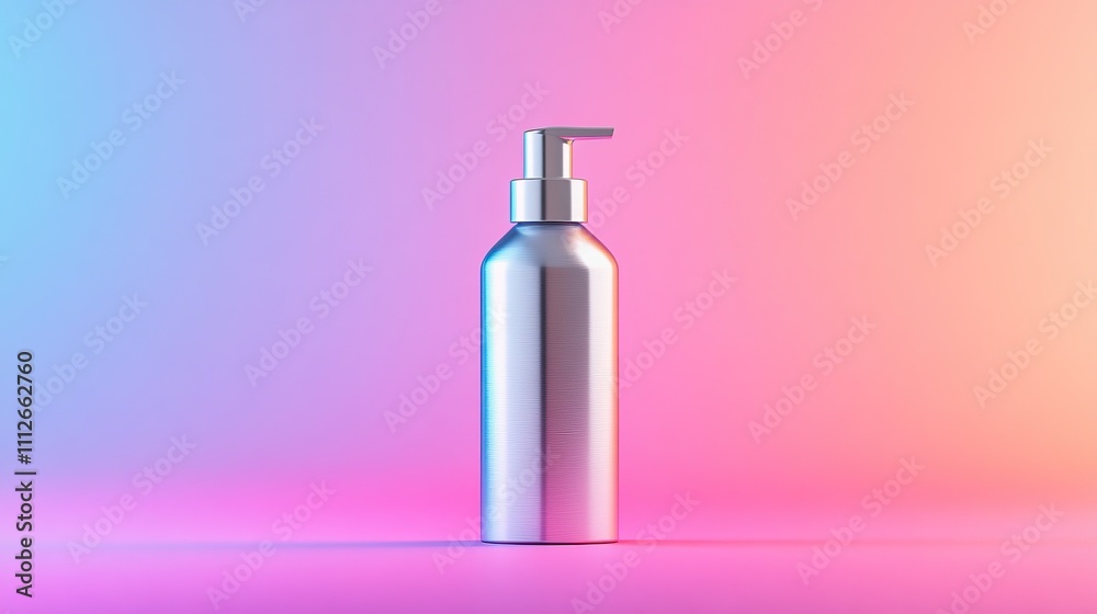 Minimalist Monochrome Spray Bottles. A sleek, metallic pump bottle stands centered against a vibrant gradient background of pink and blue hues, suggesting a modern and stylish aesthetic. Minimalist Monochrome Spray Bottles. A sleek, metallic pump bottle stands centered against a vibrant gradient background of pink and blue hues, suggesting a modern and stylish aesthetic.