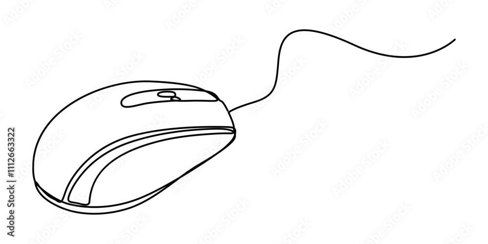 Continuous single line drawing of computer mouse icon. Vector illustration, Continuous line drawing. Computer mouse sign. Hand drawn illustration with black line on white background. Vector symbol. 