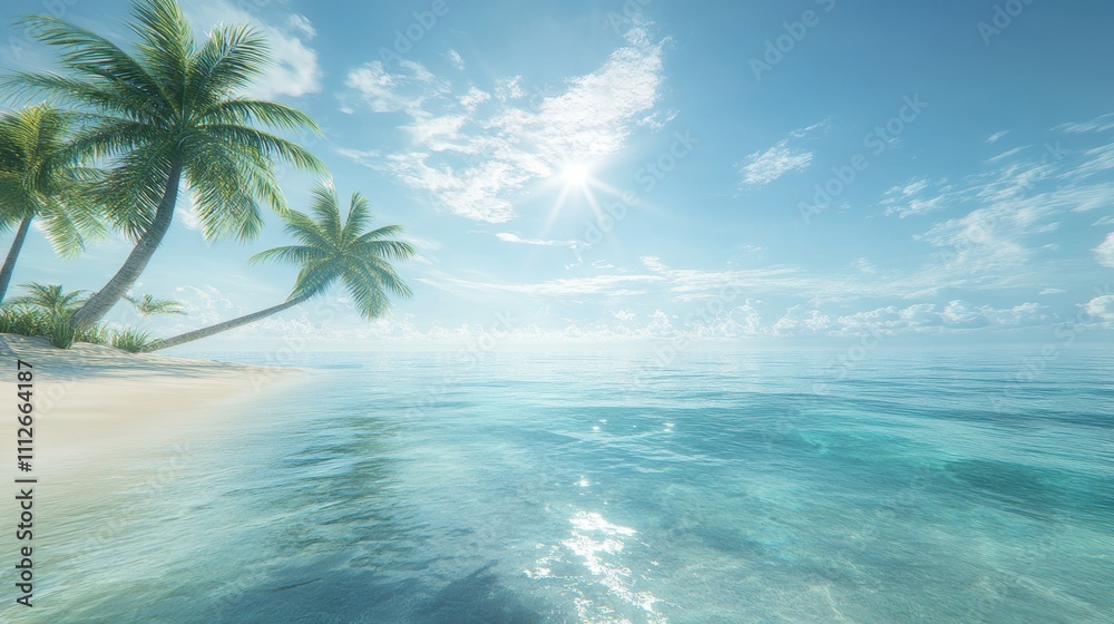 Serene tropical beach with palm trees and calm ocean under a bright sky. Serene tropical beach with palm trees and calm ocean under a bright sky.