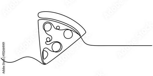 One line  Drawing or illustration of slice of pizza with pepperoni and mushrooms, Pizzeria Continuous Line Illustration, Pizza continuous one line drawing vector illustration, Continuous single one.