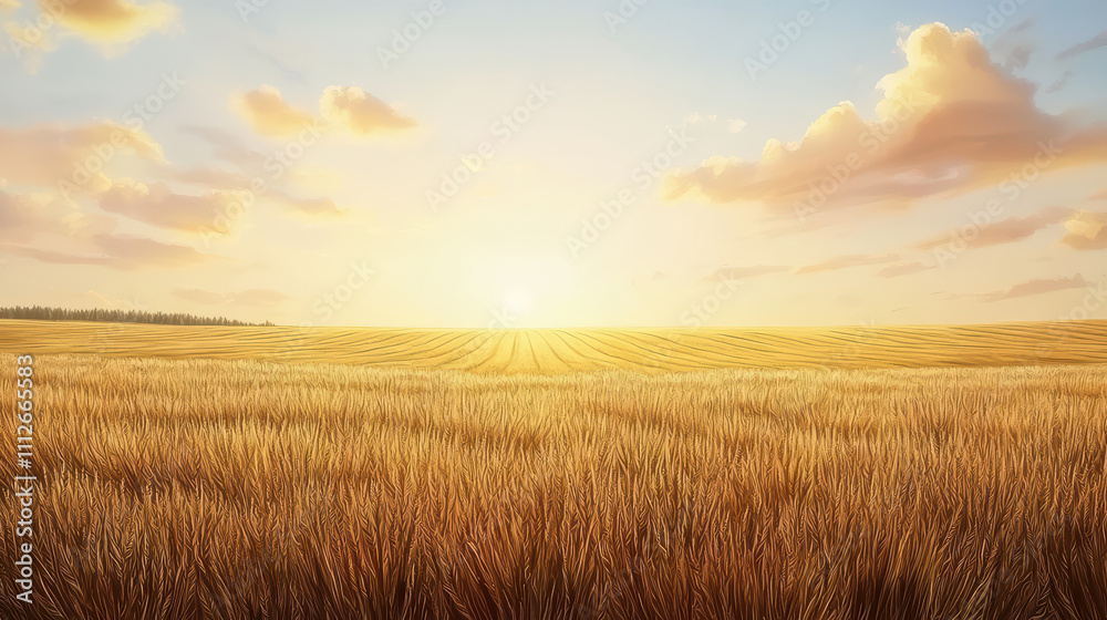 Golden wheat field under bright sky at sunrise, showcasing beauty of nature. warm hues of sun illuminate landscape, creating serene and peaceful atmosphere Golden wheat field under bright sky at sunrise, showcasing beauty of nature. warm hues of sun illuminate landscape, creating serene and peaceful atmosphere