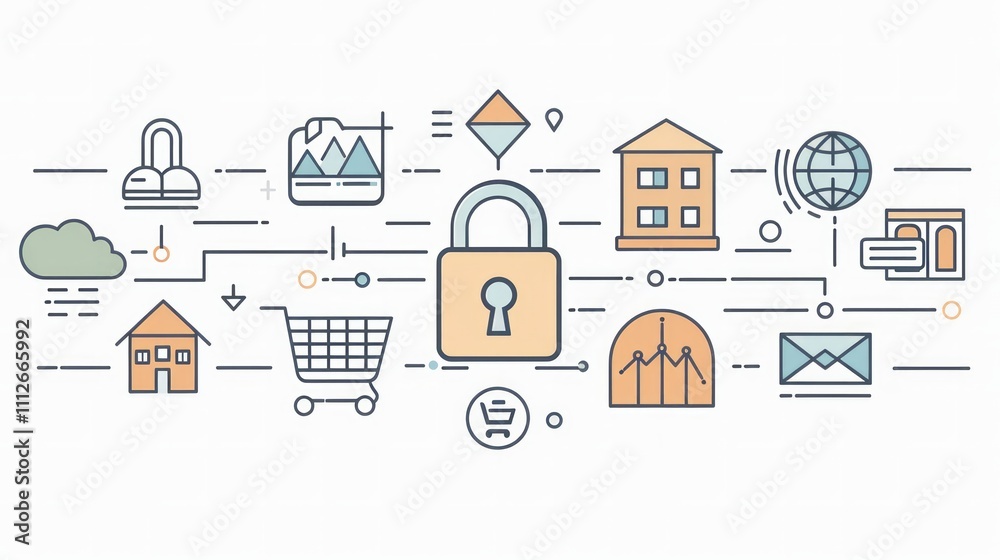 Surrounding the padlock are several other icons, each connected by lines to the central padlock. Surrounding the padlock are several other icons, each connected by lines to the central padlock.