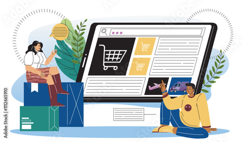 Buy raw supply online. Woman and man buying b2b goods. Business to business marketing. Electronic commerce and cashless transfers. Flat vector illustration