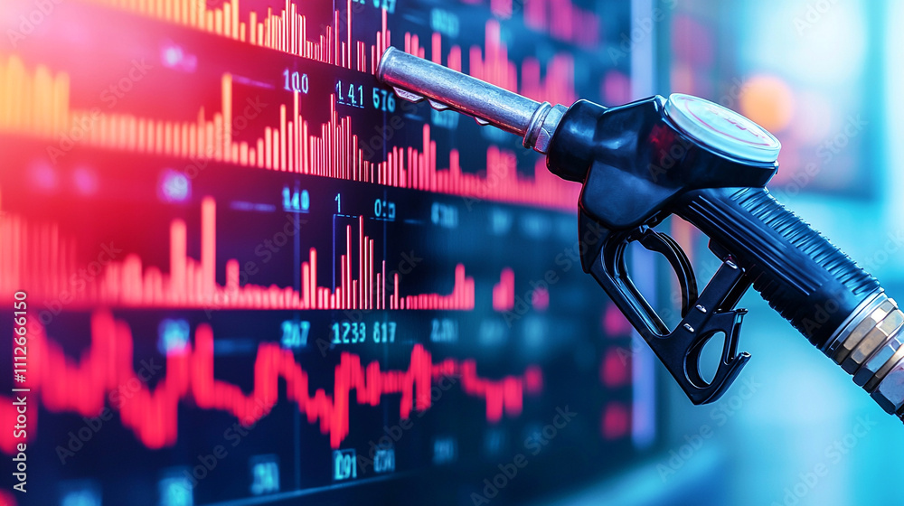 Fototapeta premium Gas pump nozzle against a digital stock market chart, symbolizing the link between energy prices and financial markets.