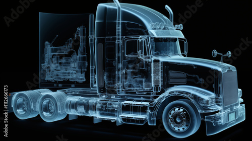 A detailed wireframe representation of a truck is displayed, highlighting its structure and internal components. Generative AI