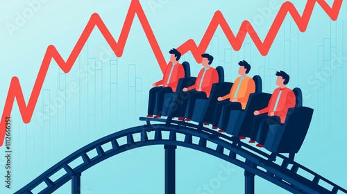 Illustration of businesspeople on a roller coaster with fluctuating graph, symbolizing market volatility.