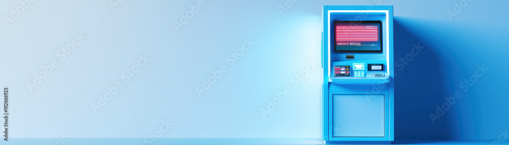 Modern blue ATM with digital screen, sleek design, and illuminated features. Ideal for banking and financial transactions in contemporary settings Modern blue ATM with digital screen, sleek design, and illuminated features. Ideal for banking and financial transactions in contemporary settings