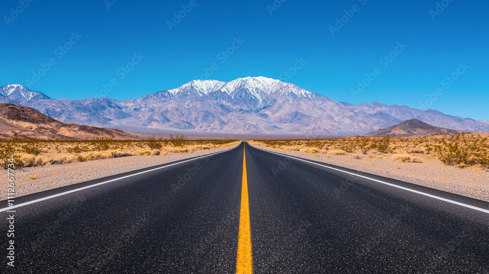 Open road leading to majestic snow-capped mountains under a clear blue sky, symbolizing adventure and freedom. Open road leading to majestic snow-capped mountains under a clear blue sky, symbolizing adventure and freedom.