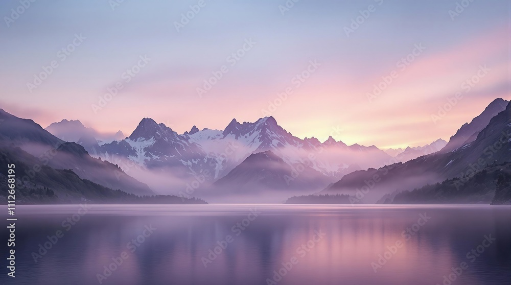 Blue and purple misty mountains with a lake in the distance, wilderness, view, scenery Blue and purple misty mountains with a lake in the distance, wilderness, view, scenery