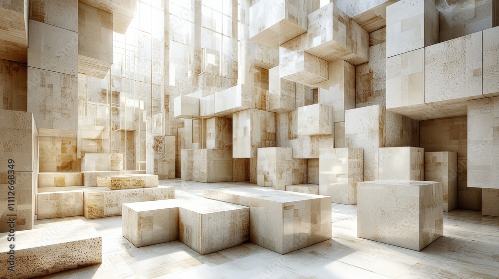 A bright, abstract space filled with geometric shapes, primarily cubes, creating a modern and spacious atmosphere. A bright, abstract space filled with geometric shapes, primarily cubes, creating a modern and spacious atmosphere.