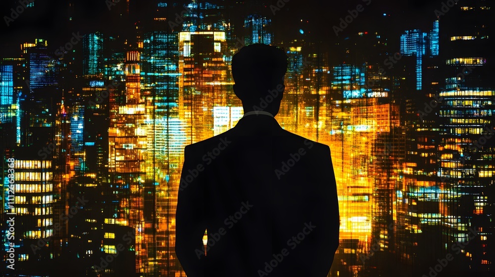 Professional silhouette of a businessperson looking at a vibrant city skyline at night, showcasing the blend of nature and modern architecture in urban environments.