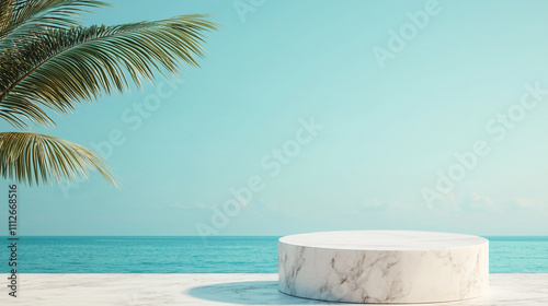 Serene beach view with turquoise sea, palm tree, and a marble platform under a clear blue sky, offering tranquility and relaxation.