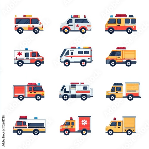 Collection of Emergency Vehicles Featuring Ambulances, Fire Trucks, and Rescue Units in a Flat Design Style Suitable for Medical and Safety Themes