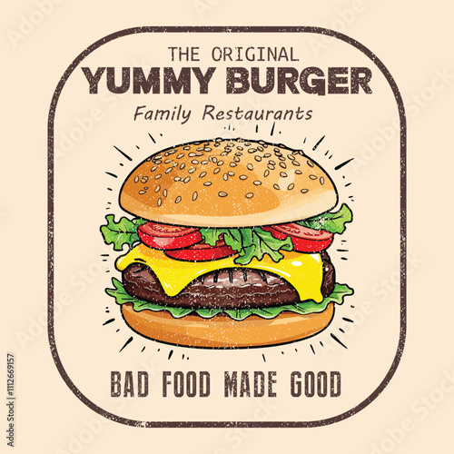 Vintage design for Graphic T-Shirts - EPS 10 - Worn effect can be remove easily. Burger t shirt design. Hand drawn burger design. Delicious fast food artwork. Vintage food artwork.