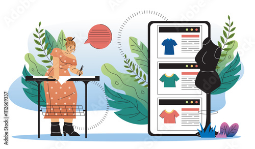 Tailor online service. Woman with sewing machine near mannequin and smartphone. Fashion, trend and style. Seamstress and atelier in workshop. Flat vector illustration