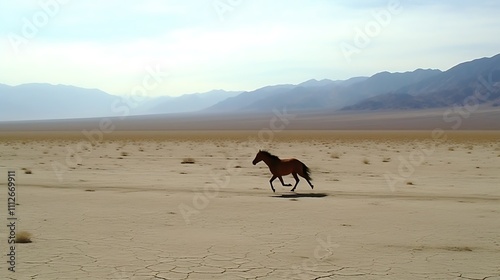 Wild Horse Running Across Desert Plains Under Mountains