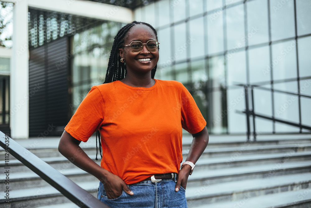Confident Young Woman Smiling Outdoors in Casual Orange Shirt Confident Young Woman Smiling Outdoors in Casual Orange Shirt