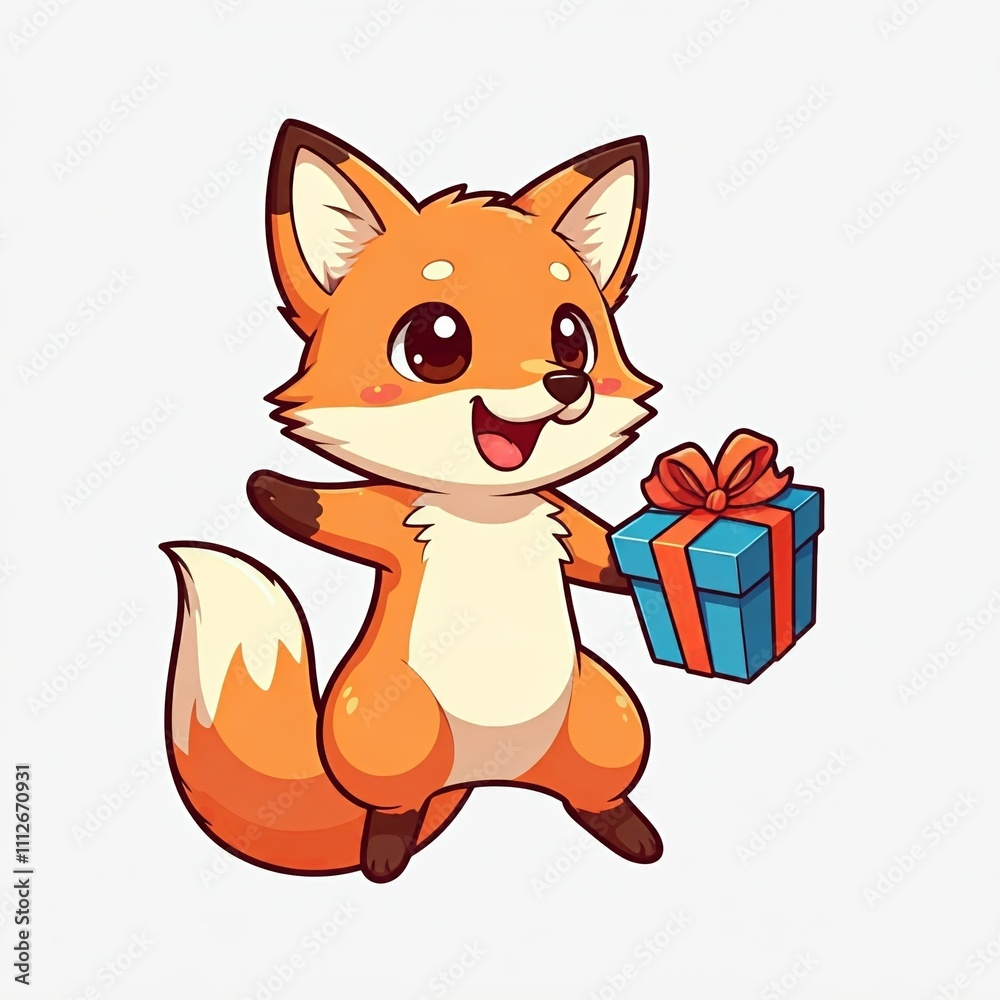Obraz premium A chibi fox with a birthday gift, jumping with excitement, in a cute sticker style with a plain white background. 
