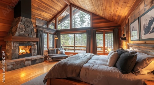 Un chalet en bois dans une région montagneuse, avec de grandes fenêtres pour la lumière naturelle et un canapé près d'une cheminée en pierre. photo