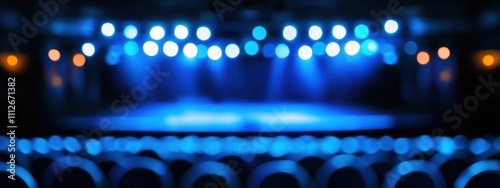 Arrière-plan flou d'une salle de spectacle vide avec des lumières bleues et une scène, fond avec effet bokeh. photo