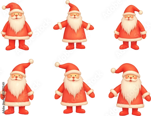 Christmas themed watercolor illustration featuring six cheerful Santa figures in festive attire