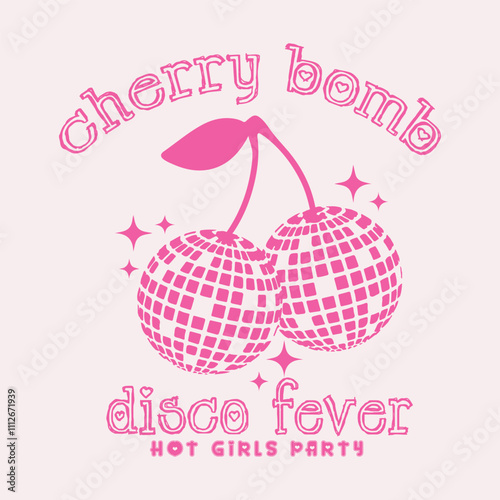 Disco club print design apparel, stickers, posters and background. Cherry fruit. Disco poster. Love you cherry much. Cherry fruit print. Nature fruit print design. Night party artwork.