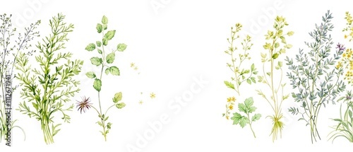 Botanical watercolor composition featuring Italian herbs like fennel, coriander, and savory on a clean white backdrop, Colorful, herbage, kitchen decor