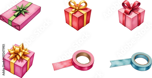 Colorful gift wrapping items arranged in two rows for festive occasions