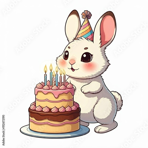 A happy chibi bunny blowing out candles on a birthday cake, wearing a party hat, in a cute sticker style with a plain white background.
