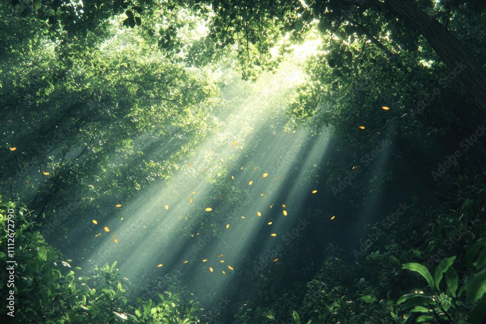 Fototapeta premium Sunlight filters through dense forest foliage, creating a serene atmosphere.