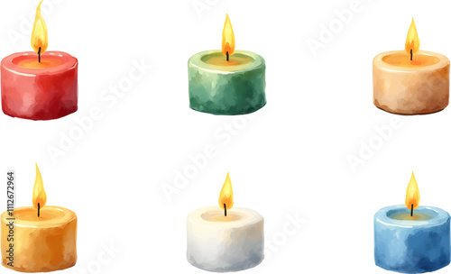 Festive watercolor candles in vibrant colors for holiday decorations and celebrations