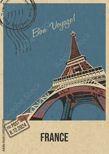 France Most Famous Attraction Postcard, Eiffel Tower Illustration, Vector Template Retro Style Greeting Card with handwriting wish. Postal Imprint, Aged Paper Texture