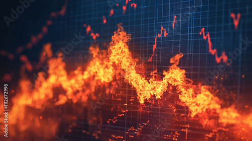 Burning stock market graph symbolizing financial crisis or economic volatility with fiery red trend lines on dark background.