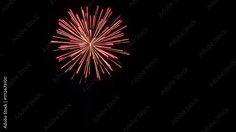 Pink and orange firework burst against a black night sky. Pink and orange firework burst against a black night sky.