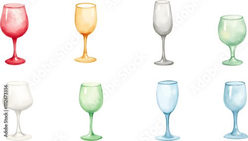 Unique watercolor style illustration of colorful glasses arranged in two rows for festive occasions