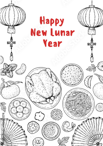 Foods of Chinese Lunar New Year frame. Hand drawn vector illustration. Chinese Food sketch. Holiday menu. Food design template.