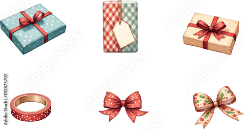 Watercolor-style illustration of colorful gift wrapping items for festive occasions