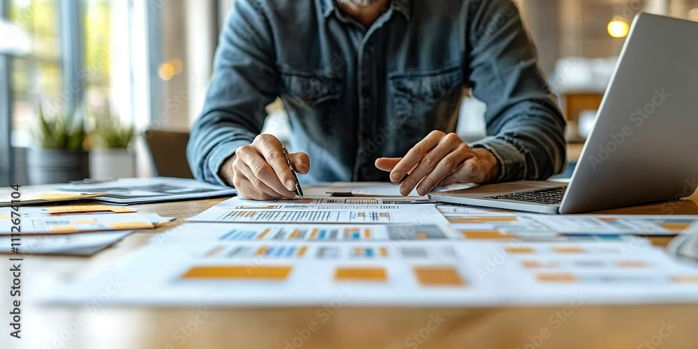 Focused professional analyzing data and preparing reports at a modern workspace Focused professional analyzing data and preparing reports at a modern workspace